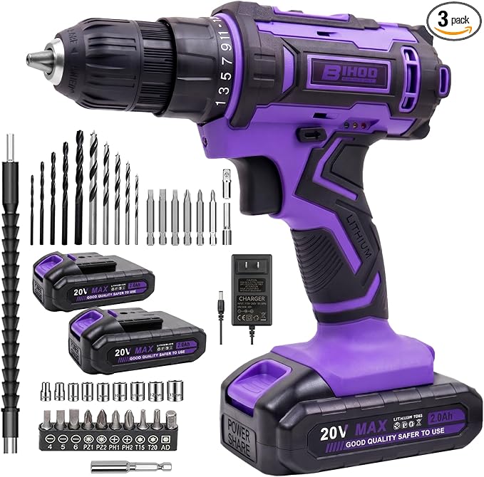 Purple 20V Cordless Drill Electric Drill set, Electric Screwdriver with 2 Batteries & Charger, 3/8" Keyless Chuck, 25+1 Torque 2-Speed Hammer Drill, Drill Bits Kit for Home DIY & Woodworking