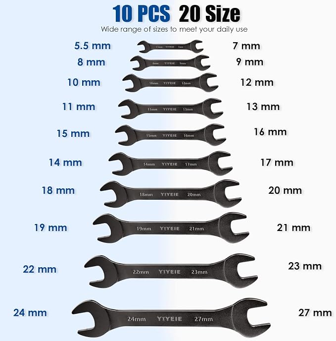 YIYEIE 10Pcs Super-Thin Wrench Set, Nickel Plating | CR-V Steel | Metric 5.5, 7, 8, 9, 10, 11, 12, 13, 14, 15, 16, 17, 18, 19, 20, 21, 22, 23, 24, 27mm, Ultra-Slim Flat Open End Wrench Set