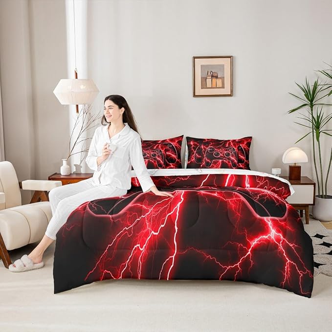 Erosebridal Gaming Bed in a Bag King Size Comforter Set 7 Pieces, Gamer Bedding Sets Retro Game Console Comforter and Sheet Set, Red Lightning Room Decor,Kids Bedroom Decor