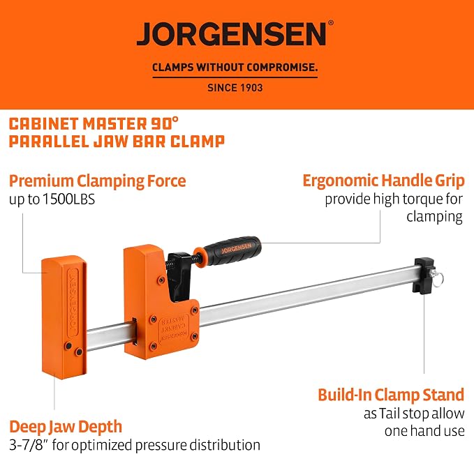 Jorgensen 18-inch Bar Clamps Set, 2-pack 90° Parallel Clamps Cabinet Master, Steel Jaw Bar Clamp for Woodworking, 1500 lbs Load Limited