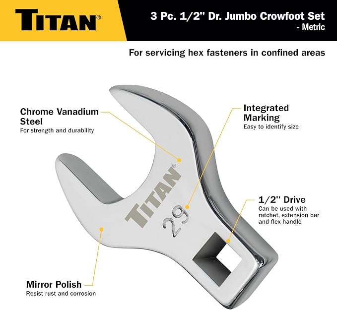 Titan 61199 3-Piece 1/2-Inch Drive Metric Full Polish Crowfoot Wrench Set, Includes 27mm, 29mm, and 30mm