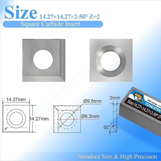 Asieg Tool 14.27x14.27x2.0mm-50° Carbide Inserts Cutters Knives Replacement Spiral Planer Blades for Rikon 20-600H WEN JT630H and PL1326 BP510H Cutech Jointer Rikon Craftex King Head 10pcs