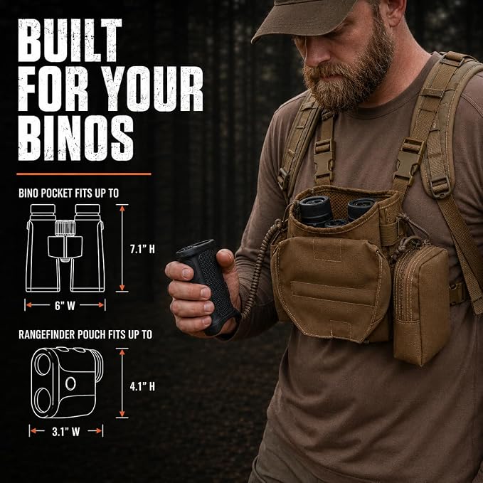 Extra Storage Bino Harness - Binocular Chest Pack, Hunting Rig | Waterproof 500D Cordura, StealthStalk quiet fabric, rangefinder pouch, silent magnetic closure
