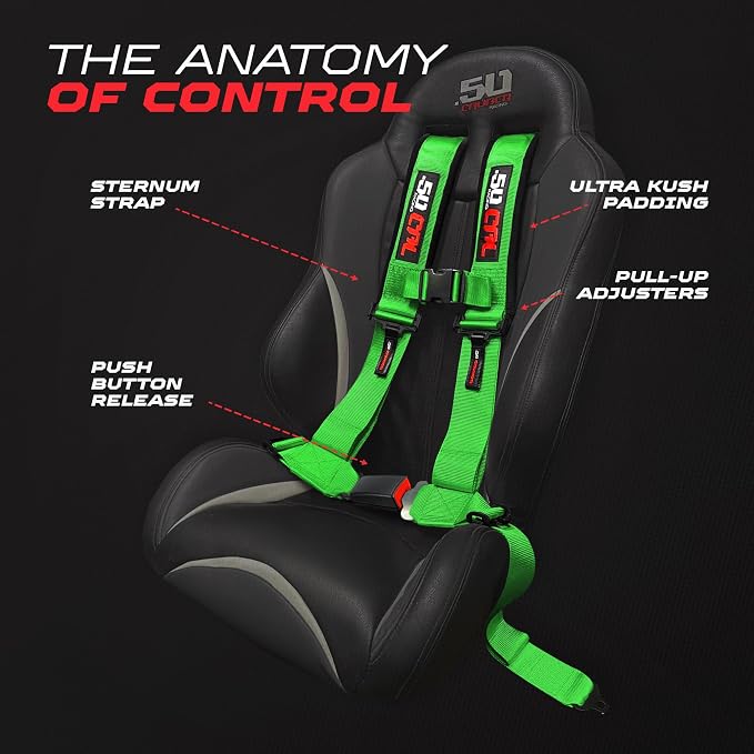 1pc 50 Cal Green 4 Point Harness 3in Straps, Racing Harness Seat Belt | Ultra Kush padding, Push Button quick release hardware. Universal Fit for UTV, RZR, race car.