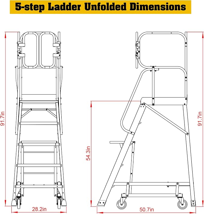 5 Step Rolling Platform Ladder Industrial Rolling Ladder with Wheels Non-Slip Aluminum Scaffolding Platform Stairs for Warehouse, Garage, 20"×24" Platform, 375lbs Capacity