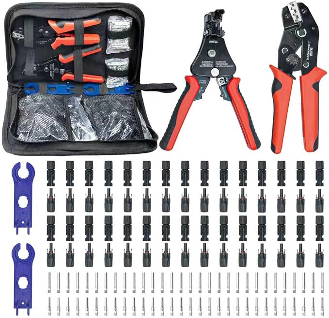 60PCS Solar Connector Crimping Tool Kit for Connecting Solar Panel Cable Wire, with 30 Pairs MC4 Connectors ，AWG13-10 Crimper and Stripper，2pcs Spanner Wrench，Solar Panel Connectors in the bag.