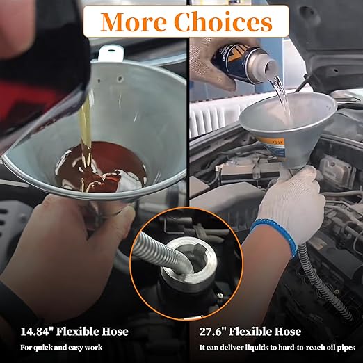 3Pcs 14.84" & 27.56" Steel Bendable Spout Funnel with Filter & Long/Short Hoses for All Automotive Oils, Flexible Long Funnels for Automotive Use for Transmission Fluid, Diesel Fuel, and Other Liquids