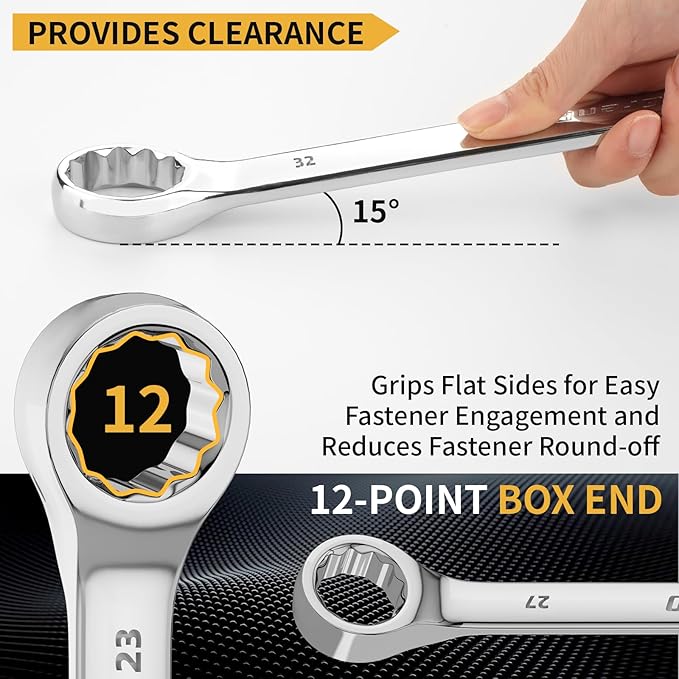 GRENPRO 7PC Metric Large Wrench Set, 23-32MM Combination Open End Wrenches | Includes 23mm 24mm 26mm 27mm 30mm 32mm Long Wrenches Sets, 15° Offset 12-Point Box End, Roll-Up Pouch & Gauge, CR-V Steel