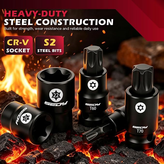 54-Piece Master Torx Bit Socket Set, T8-T70 Star Bits and E4-E24 E-Torx Sockets, Ratchet Wrench, 1/4" Bit Holder, S2 Steel Bits, CR-V Sockets, Extension Bars and Adapters for Auto Repair
