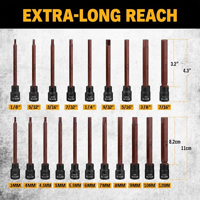 Extra-Long Allen Hex Bit Socket Set: 20-Piece 3/8 Inch Drive, 110mm S2 Steel, Standard SAE & Metric (1/8-Inch - 7/16-Inch, 3-12mm) for Impact Drills and Ratchet Wrenches