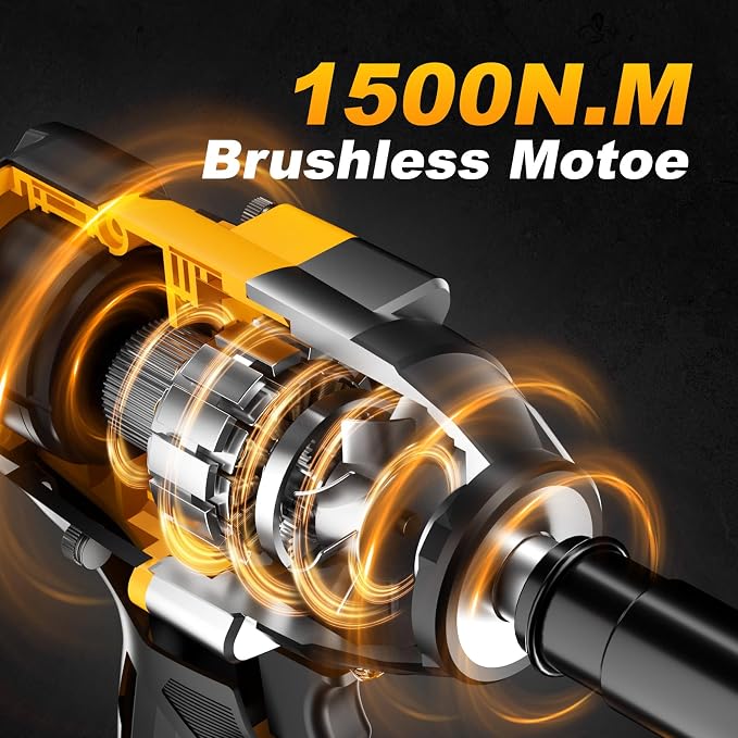 1/2 Inch Impact Wrench, for home Golden Yellow | High Torque 1500N·m (1100 Ft-lbs), 21V Brushless Electric, 2 * 4.0Ah Battery, 5 Sockets, For Car/Mower/Pickup/Truck RV