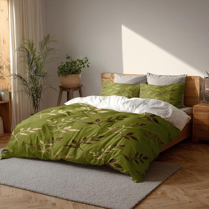 Batmerry Green Brown Leaves King Size 100% Cotton Duvet Cover Sets, Art Plant Illustration Bedding Set with Zipper Closure Corner Ties, 3 Pieces (1 Cover + 2 Pillowcases No Comforter)