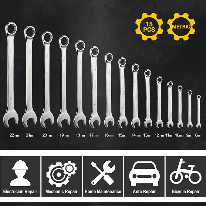 DEKOPRO Combination Wrench Set, Metric, 15-piece, 8-22mm, 12-Point, Chrome Vanadium Steel, with Plastic Tray