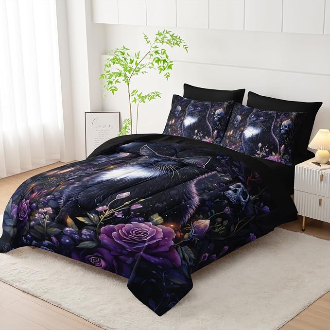 Cute Cat Comforter Set for Kids Toddlers Teens Adults,Floral Plant Skull Printed Queen Size Bedding Set 7 Pieces,Animal Themed Bedding with Comforter,Fitted Sheet,Flat Sheet,Pillowcases.
