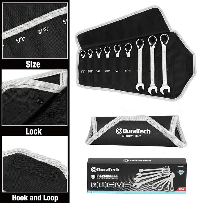 DURATECH Reversible Ratcheting Combination Wrench Set, SAE, 9-Piece | Open end Spanner, 1/2", 9/16",5/8", 11/16", 3/4", 7/16", 3/8", 5/16", 1/4", 12 Point, CR-V Steel, with Rolling Pouch