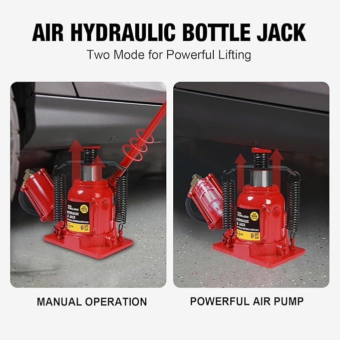Big RED Air Jack, 20 Ton Hydraulic Bottle Jack, Lift Range 7-1/16" to 12-5/8", Low Profile Heavy Duty Jack with Dual-Power Operation, Adjustable Lift Range & Safety Valve - 20 Ton (40,000 LBS)