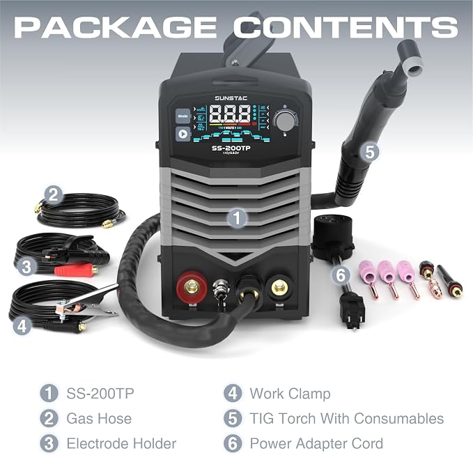 Sunstac 200A TIG Welder with Pulse, 110V/220V Dual Voltage, 3 in 1 DC TIG/Pulse TIG/SPOT TIG/Stick Welding Machine, Digital Screen Display, Over Loading Protection