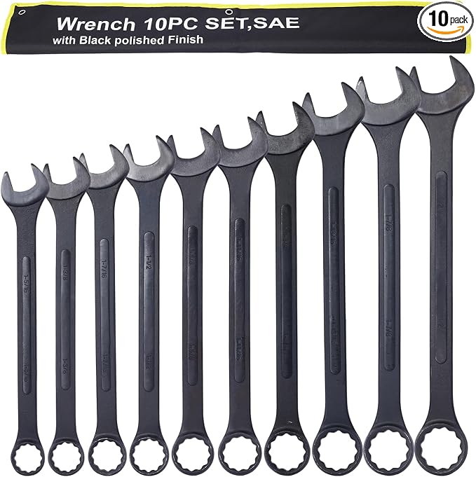 10-piece Jumbo Wrench Set, 1-5/16'' to 2'' Large Combination Wrench Set, SAE, Black Oxide Finish with Pouch | 1-5/16", 1-3/8", 1-7/16", 1-1/2", 1-5/8", 1-11/16", 1-3/4", 1-13/16", 1-7/8" and 2", Extra Large Wrench with Pouch (10PC-SAE)