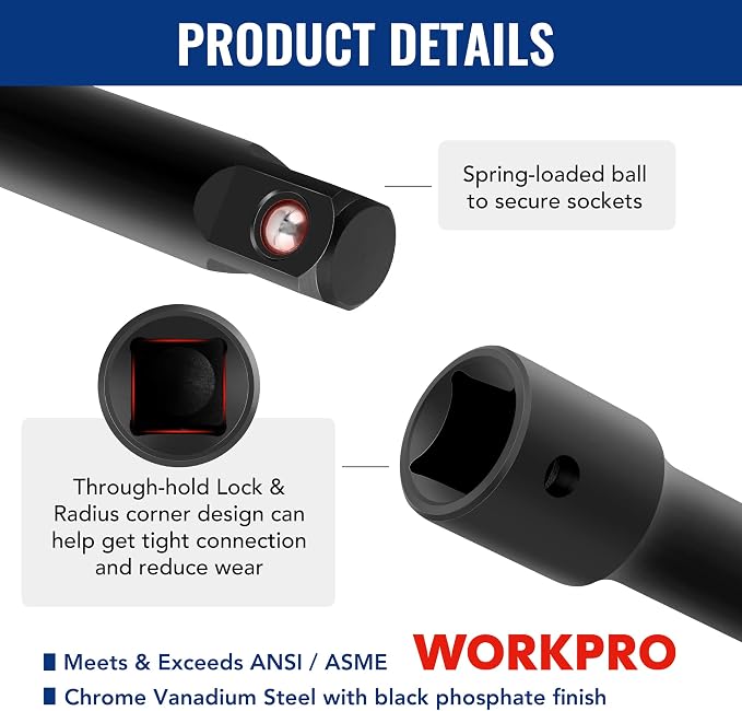 WORKPRO 18-Piece Impact Socket Extension Set, 1/4", 3/8" & 1/2" Drive | Includes Socket Adapters, Ratchet Extension Set, Socket Extension Bar, Swivel Universal Joints and Impact Coupler