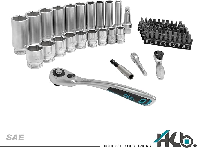 HB 74-Piece Socket Set AKX007-U, 120-Tooth Ratchet 3/8" Drive, 72-Tooth Stubby Mini Ratchet, SAE Standard & Deep Sockets, Impact Adapter, CR-V Steel, Storage Case, Made in Taiwan
