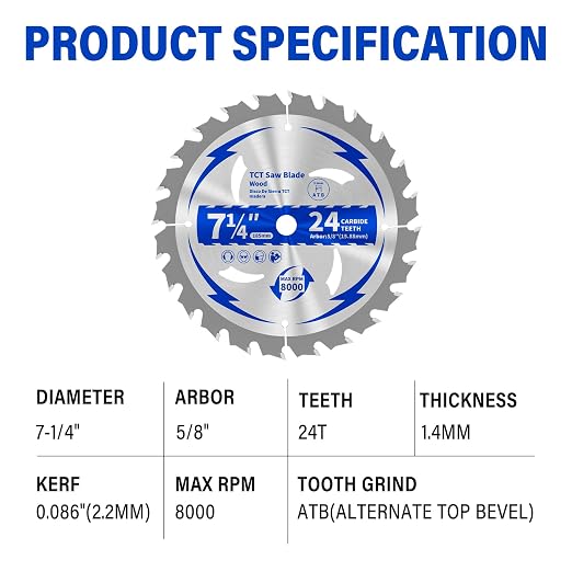 10 Pack 7-1/4 Inch 24T Circular Saw Blade for Wood 5/8" Arbor | TCT ATB Saw Blades for Cutting Various Wood, Plastic Plastic, PVC, Acrylic and Composite Materials