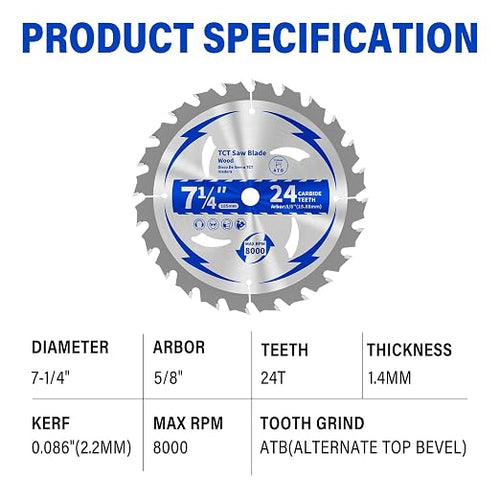 10 Pack 7-1/4 Inch 24T Circular Saw Blade for Wood 5/8" Arbor | TCT ATB Saw Blades for Cutting Various Wood, Plastic Plastic, PVC, Acrylic and Composite Materials