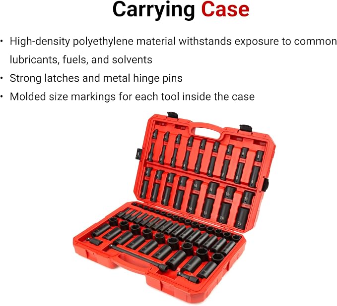 TEKTON 1/2 Inch Impact Socket Set, 87-Piece | SID92407 | (5/16 - 1-1/4 in., 8 - 32 mm), Shallow and Deep, 6-Point, Case