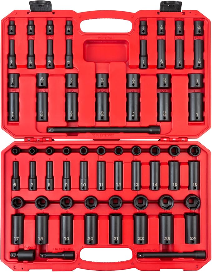 TEKTON 3/8 Inch Drive 6-Point Impact Socket Set, 72-Piece (1/4-1 in., 6-24 mm) | SID91404 | (1/4 - 1 in., 6 - 24 mm), Shallow and Deep, 6-Point, Case