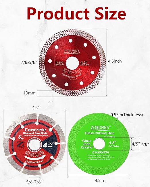 ZORUNNA 4 1/2'' Diamond Blade for Angle Grinder 3 PCS- Mesh Tile Saw Blade, Green Glass Cutting Disc, Segmented Concrete Cutting Saw Blade,Perfect for Cutting Granite, Stone, Ceramic, Brick, Block.