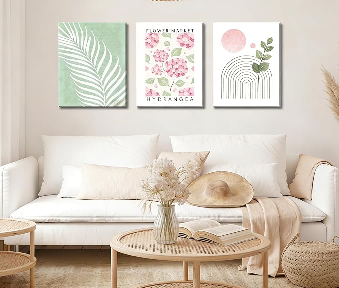 Framed Pink And Green Abstract Leaves Wall Art,Boho Botanical Canvas Wall Art Set of 3, Pink Hydrangea & Sage Palm Prints, Wall Decor for Girls Room Bedroom Living Room Bathroom, 12x16 Inch