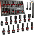 3/8" Drive Universal Impact Socket Set, 17 Piece Deep Swivel Socket Set, Wobble Sockets, Flexible, 6-Point, Metric, 8-19mm, Cr-Mo with 3" 6" Extension Bars and Adapter
