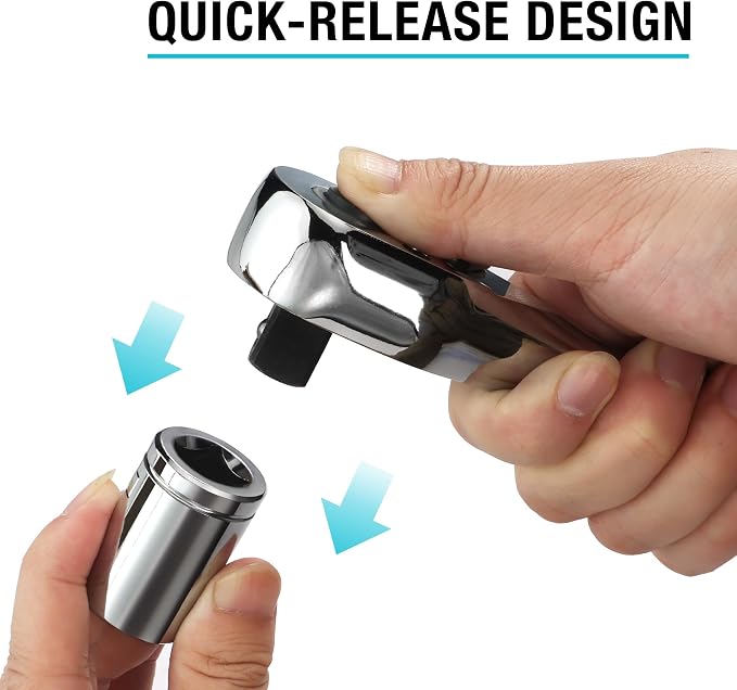 DURATECH 3-Piece Drive Ratchet, 90-Tooth Quick-Release Ratchet Wrench | 1/4", 3/8", 1/2" Socket Wrench for Men Women, Reversible, Cr-V Made, 4° Swing, Full Polished-with Plastic Insert Storage Box