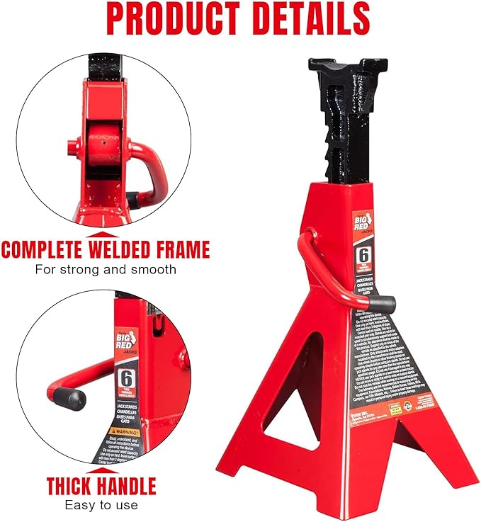 BIG RED T46202 Torin Steel Jack Stands: 6 Ton (12,000 lb) Capacity, Red, 1 Pair