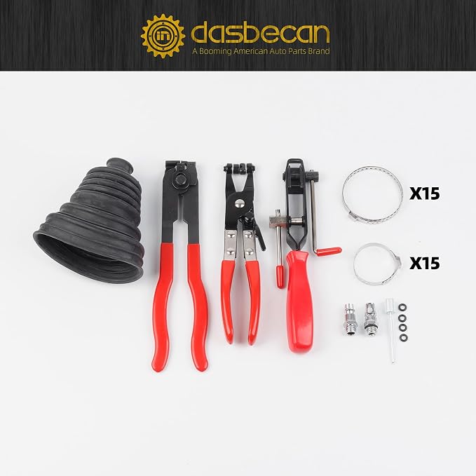 Dasbecan Upgraded Pneumatic CV Boot Expander Tool, CV Boot Clamp Tool Kit | Universal CV Axle Boot Spreader with 3 CV Joint Boot Clamp Pliers , 1 Boot, 15 Clamps and 4 1/4" NPT Air Hose Nipple