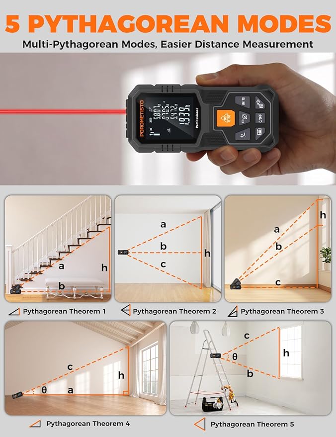 Laser Distance Meter POROMETISTO 164ft/50m, Digital Angle Finder, 12 Modes for Angle Area Volume Pythagorean Distance, ±2mm High Accuracy, Tripod Interface Design Handheld Digital Rangefinder