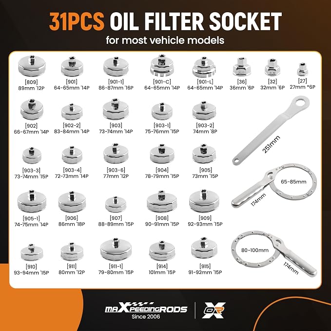 maXpeedingrods 31 PCS Auto Oil Filter Socket Wrench Set, 1/2" Drive | Oil Filter Cap Wrench Removal Tool Kit for Volvo, BMW, Ford, Toyota, Honda, 27mm 32mm 36mm 64mm-101mm Socket
