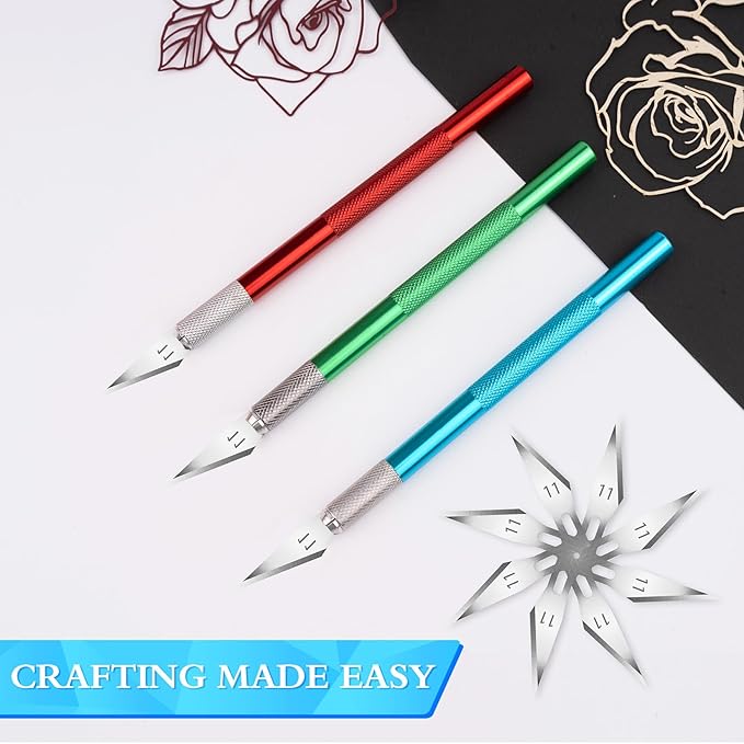 JETMORE Exacto Knife Set, 3 Exacto Knives with 30#11 Extra Exacto Knife Blades, Craft Knife, Hobby Knife, Precision Knife, Exacto Knife Set for Crafts, Arts, Modeling, Scrapbooking (Red-Green-Blue)
