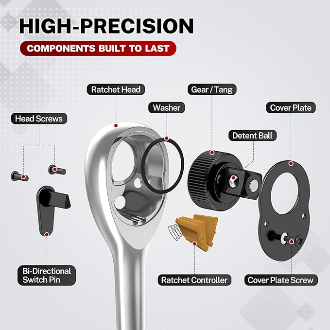 TOMMARS 1/2" Drive Ratchet Wrench, 72-Tooth Quick-Release Reversible Socket Ratchet, 5° Swing Arc Mechanic Hand Tool, Automotive Repair & Gifts for Men