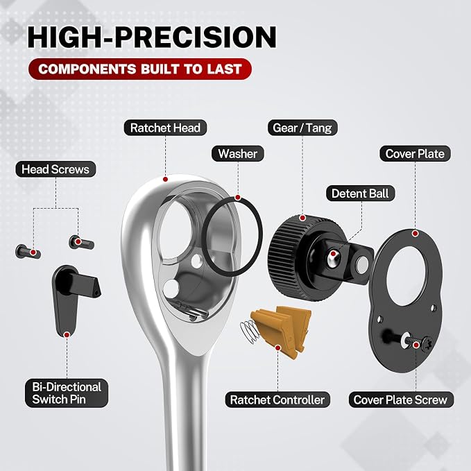 TOMMARS 1/2" Drive Ratchet Wrench, 72-Tooth Quick-Release Reversible Socket Ratchet, 5° Swing Arc Mechanic Hand Tool, Automotive Repair & Gifts for Men