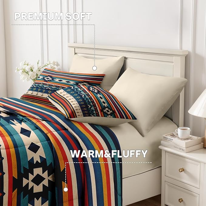 Nesker Comforter Set Queen Size, Southwest Aztec Geometric 7 Pcs Bedding for Kids and Adults, Bohemian Vintage Bed Sheet Sets with Fitted Sheet 2 Pillowcases & 2 Shams