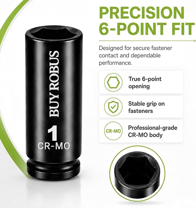 19PCS Impact SAE Impact Socket Set 1/2" Drive, 6-Point Cr-V & Alloy Steel Deep Socket Set 3/8" to 1-1/2", Cr-V Steel, Double Lock Case