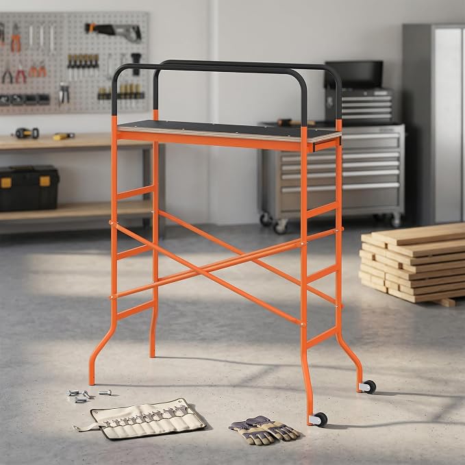 HOMCOM 4-Step Steel 4.6 x 2 x 6 ft. Scaffold 2 Wheels Free Moving for Indoor & Outdoor Decoration Anti-Skid, 440 Pound Capacity, Orange
