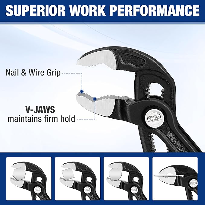 WORKPRO 2 PCS 7-Inch Pliers Wrench & Groove Joint Pliers Set, Quick Adjust | CR-V Steel, Smooth Jaw & V-Jaw, Upgraded Wide Opening, Soft Grip - for Plumbing, Pipe Fittings, Household Repairs