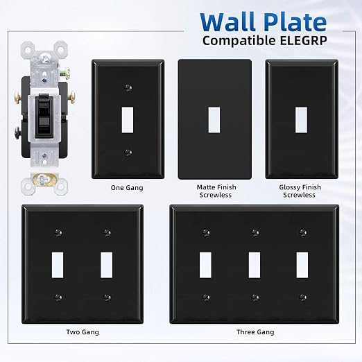 ELEGRP 3 Way Toggle Light Switch, 15 Amp, 120 V, Toggle Framed AC Quiet Switch, in Wall On/Off Switch Replacement, Self-Grounding, Residential and Commercial Grade, UL Listed (10 Pack, Glossy Black)