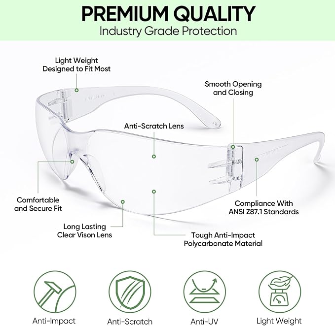 TICONN Clear Safety Glasses for Men and Women, Safety Goggles with Scratch Impact Resistant Meets ANSI Z87.1 Standard
