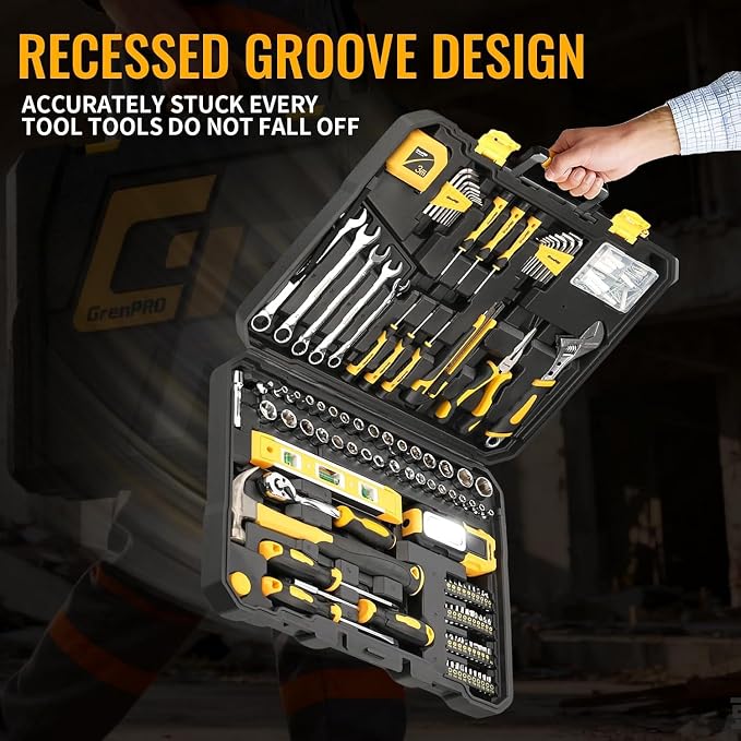 GRENPRO 219PCS Basic Home Auto Mechanic Hand Tool Kit with Storage Tool Box | Portable Tool Box, CR-V Steel, Complete Kit, Anti-Drop Slots, Household DIY, Auto Motorcycle, Home Garage For Men & Women