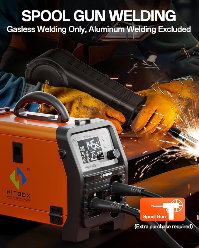 HITBOX Synergy MIG Welder 110V/220V 145A Flux Core Welder 4 IN 1 Gasless MIG/Lift TIG/Stick/Support Spool Gun Portable Welding Machine with Large Colorful Digital Display