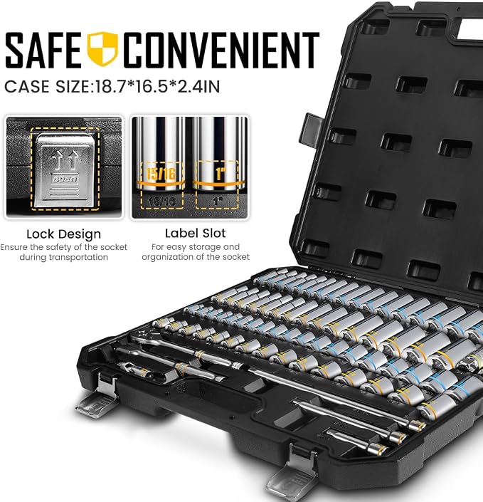 BOEN 3/8-Inch Drive Socket Wrench Set, 76-Piece Metric (6-24mm) & SAE (1/4" to 1"), Deep & Shallow Kit with Embossed & Painted Markings, Ratchet Handle, Spark Plug Sockets, Breaker Bar