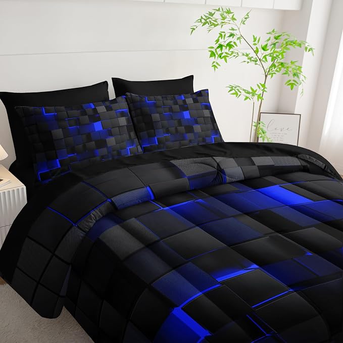 Nttopship Geometric Blue Black Full Comforter Set,Light Honeycomb Bedding Set 7 Piece in A Bag,Bed Sheet Set Geometry Decor,Microfiber Lightweight All Season