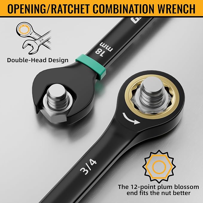 GRENPRO 23PCS Ratcheting Combination Wrench Set SAE & Metric Open End Tools | 1/4"-3/4"&6-18MM Bolt Gauge, Electro-Coated CR-V 72-Tooth 5Deg Swing 12Pt Color Rings, Roll Pouch for Auto&Home Repair